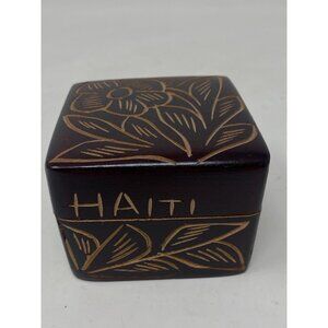Vintage Haiti Hand Carved Wooden Souvenir Jewelry Trinket Box Haïtien 3x3”